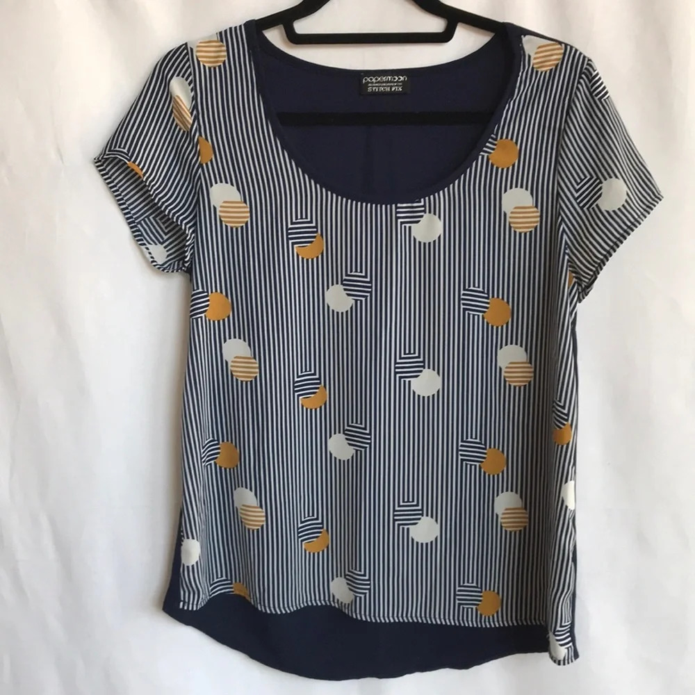 Papermoon flowy navy, white, mustard summer top, S